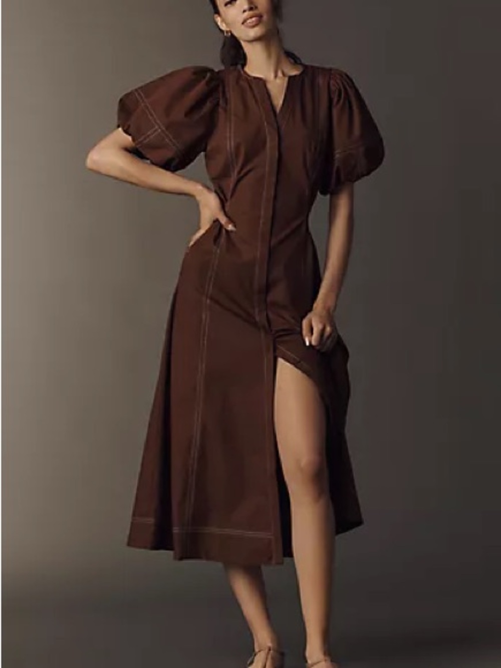 EXQUISE brown puff sleeve belted dress midi dress / structured minimalist / 3X